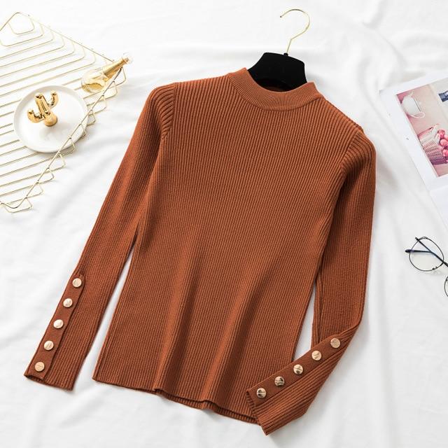 Aachoae Spring Women Long Sleeve Sweater Winter Knitted Turtleneck Casual Cashmere Pullover Metal Buttons Split Cuff Basic Top