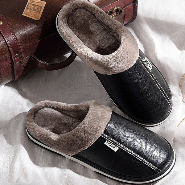 Men's slippers Winter slippers Non slip Indoor Shoes for men leather Big size 49 House shoe Waterproof Warm Memory Foam Slipper - emixco
