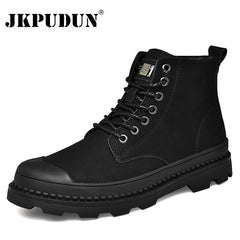 Black Warm Winter Men Boots Genuine Leather Ankle Boots Men Winter Work Shoes Men Military Fur Snow Boots for Men Botas JKPUDUN - emixco