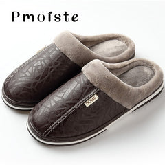 Men's slippers Winter slippers Non slip Indoor Shoes for men leather Big size 49 House shoe Waterproof Warm Memory Foam Slipper - emixco