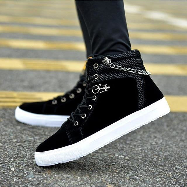 High Quality Men Vulcanized shoes New High Top Canvas Casual shoes Men Autumn Leather Sneakers Metal Chain Plus Size Male Flats - emixco