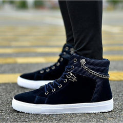 High Quality Men Vulcanized shoes New High Top Canvas Casual shoes Men Autumn Leather Sneakers Metal Chain Plus Size Male Flats - emixco