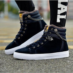 High Quality Men Vulcanized shoes New High Top Canvas Casual shoes Men Autumn Leather Sneakers Metal Chain Plus Size Male Flats - emixco