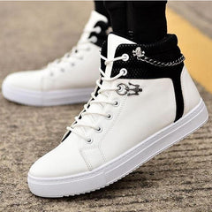 High Quality Men Vulcanized shoes New High Top Canvas Casual shoes Men Autumn Leather Sneakers Metal Chain Plus Size Male Flats - emixco
