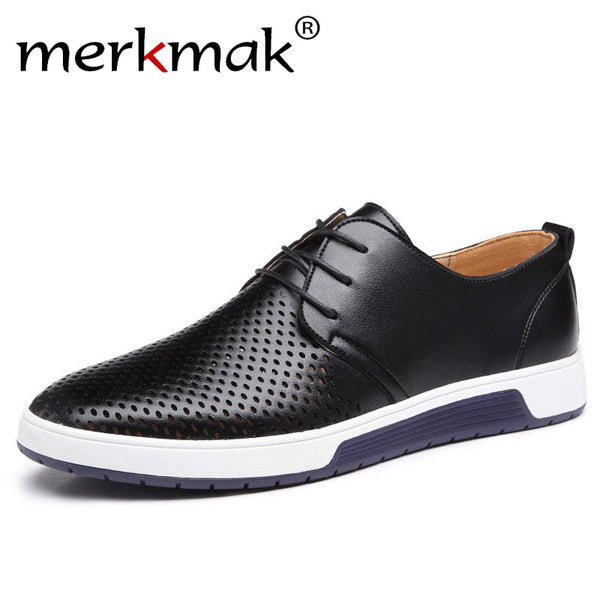 Merkmak New 2019 Men Casual Shoes Leather Summer Breathable Holes Luxurious Brand Flat Shoes for Men Drop Shipping - emixco