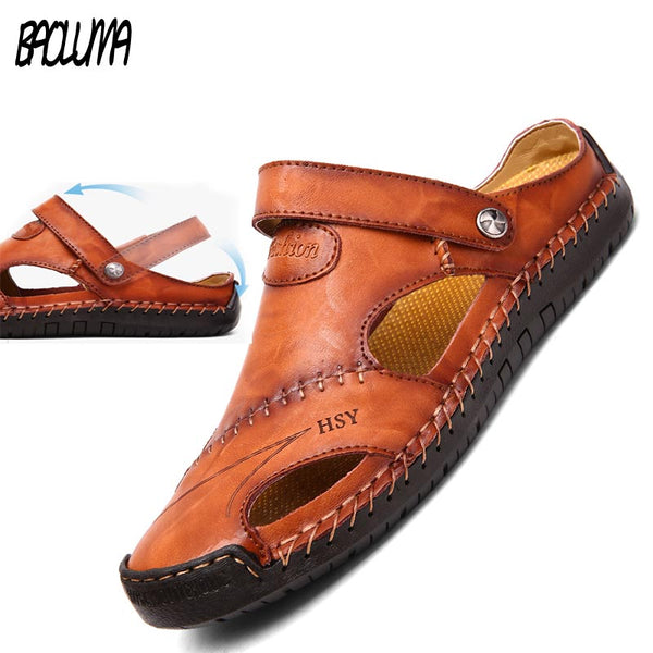 Genuine Leather Men's Sandals Summer Soft Shoes Beach Men's Sandals High Quality Sandals Slippers Bohemia Size 38-48 Hot sale - emixco