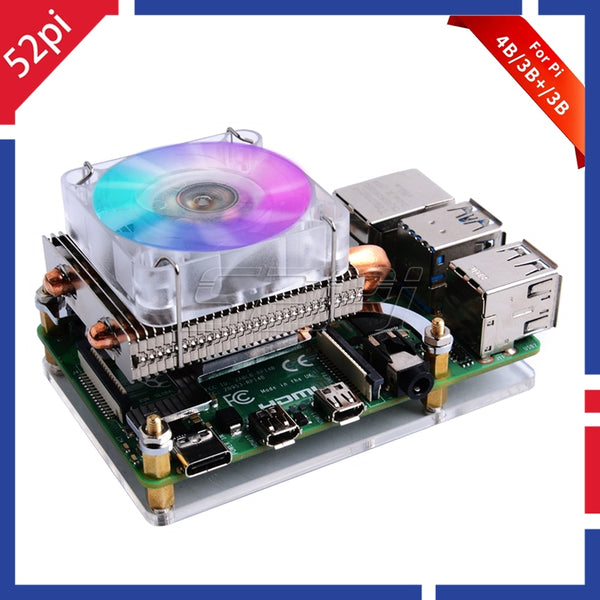 52Pi Low-Profile Ice Tower Cooling Fan Metal Case 7 Colors RGB Changing LED Light with Bracket for Raspberry Pi 4 B / 3B+ / 3B - emixco