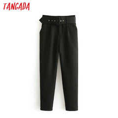 Tangada black suit pants woman high waist pants sashes pockets office ladies pants fashion middle aged pink yellow pants 6A22 - emixco