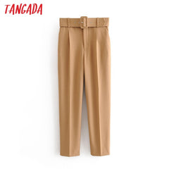 Tangada black suit pants woman high waist pants sashes pockets office ladies pants fashion middle aged pink yellow pants 6A22 - emixco