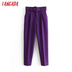 Tangada black suit pants woman high waist pants sashes pockets office ladies pants fashion middle aged pink yellow pants 6A22 - emixco