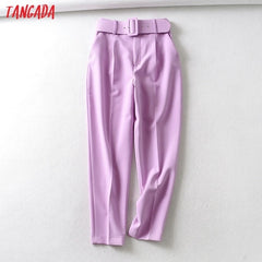Tangada black suit pants woman high waist pants sashes pockets office ladies pants fashion middle aged pink yellow pants 6A22 - emixco
