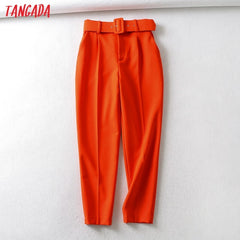 Tangada black suit pants woman high waist pants sashes pockets office ladies pants fashion middle aged pink yellow pants 6A22 - emixco