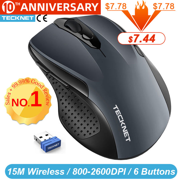 TeckNet Pro 2.4GHz Wireless Mouse Nano Receiver Ergonomic Mice 6 Buttons 2600DPI 5 Adjustment Levels for Computer Laptop Desktop - emixco
