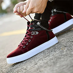 High Quality Men Vulcanized shoes New High Top Canvas Casual shoes Men Autumn Leather Sneakers Metal Chain Plus Size Male Flats